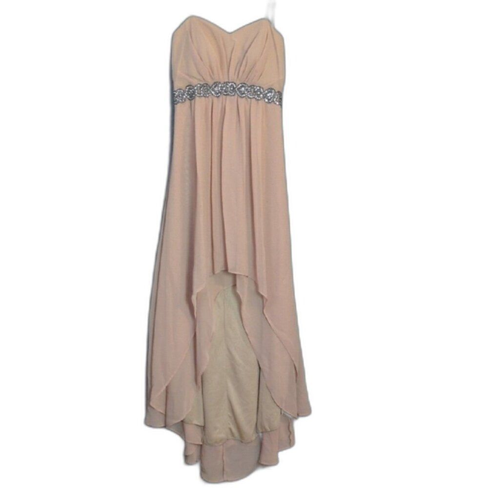 FIESTA Tan Nude Beaded Waist Strapless Hi Lo Dress Women's M